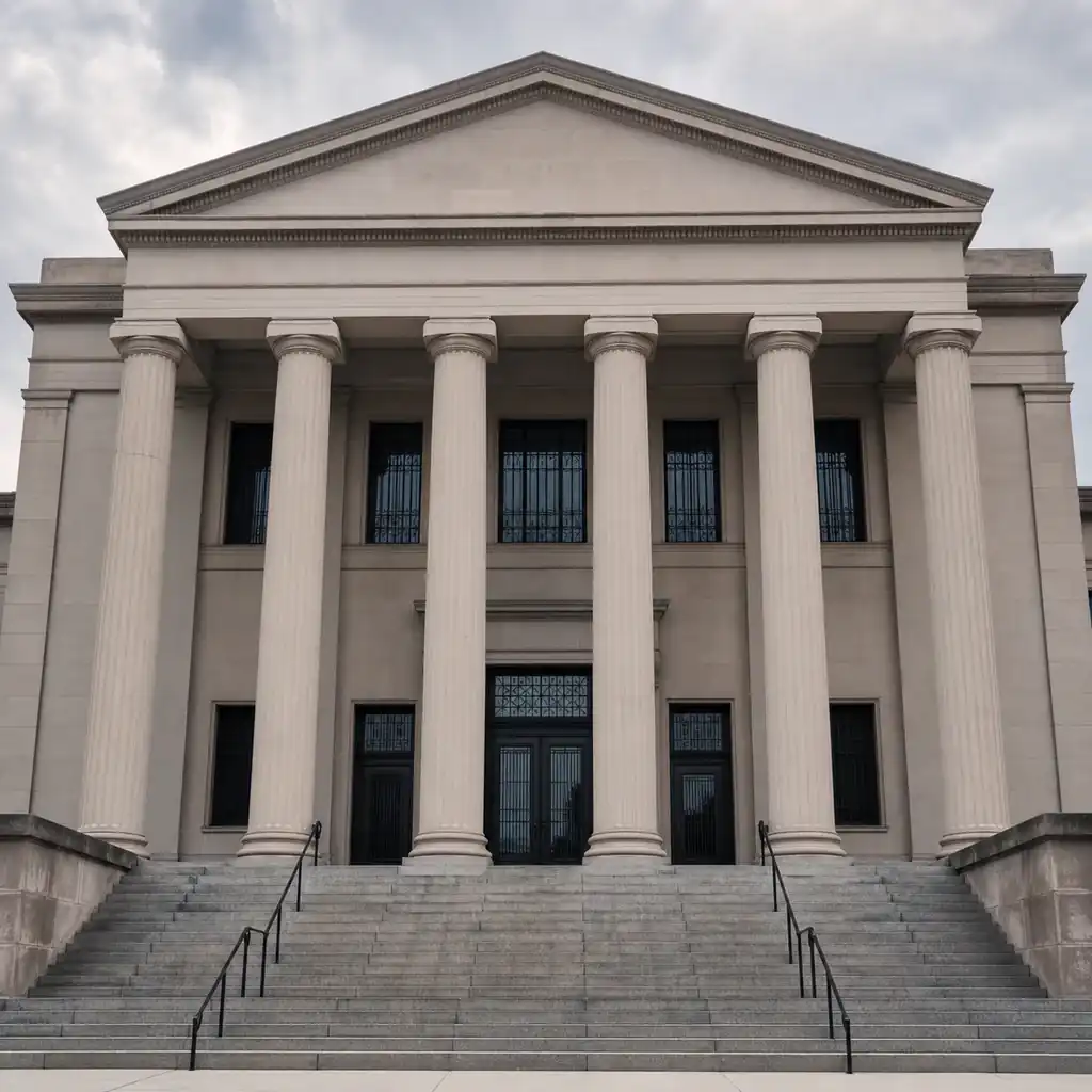 Illustrative civic courthouse exterior with stone columns and steps