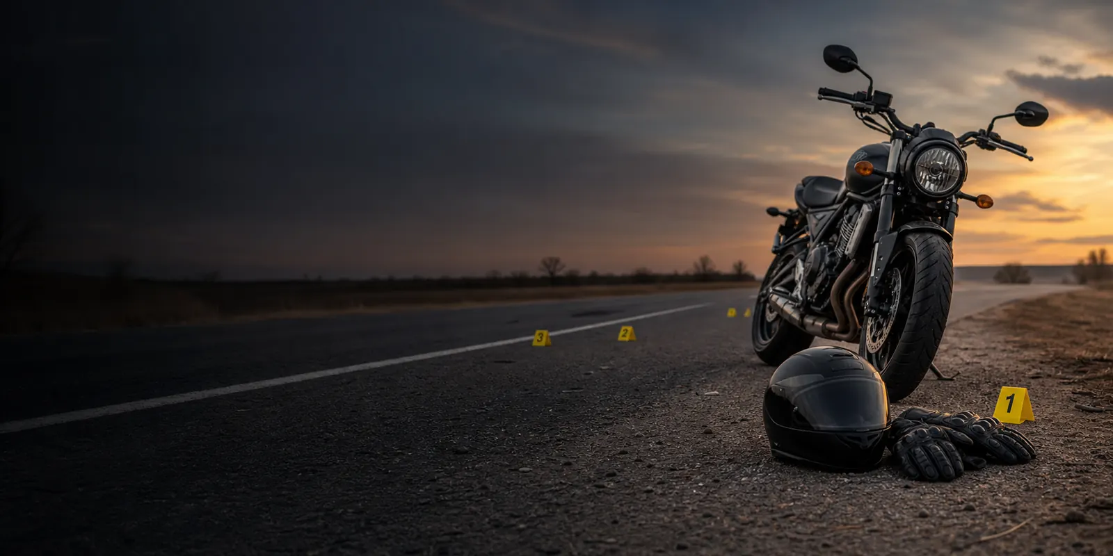 Motorcycle parked on a roadway at dusk with helmet, gloves, and evidence markers for a motorcycle-wreck preservation article