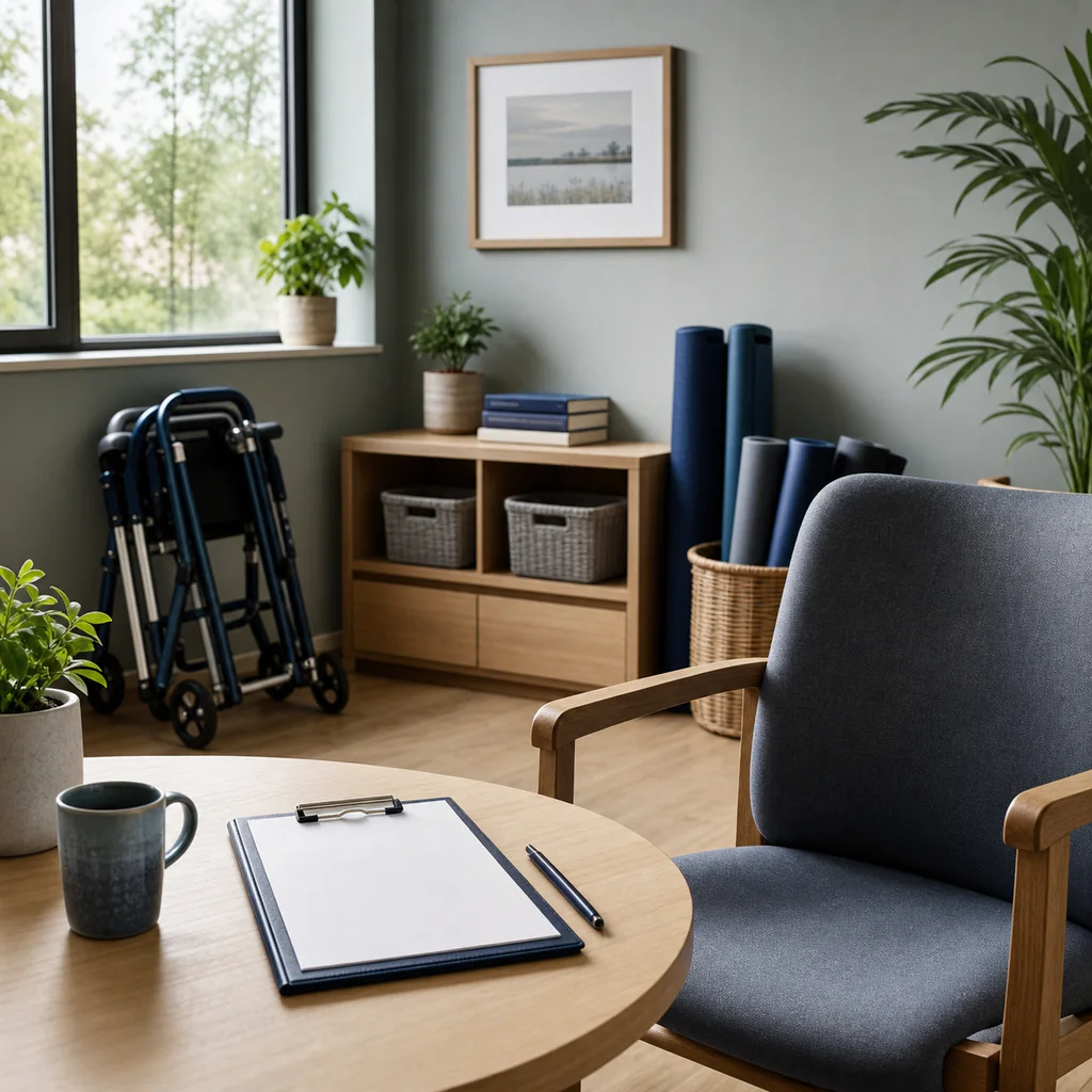 Illustrative rehabilitation planning room with mobility aid and blank clipboard